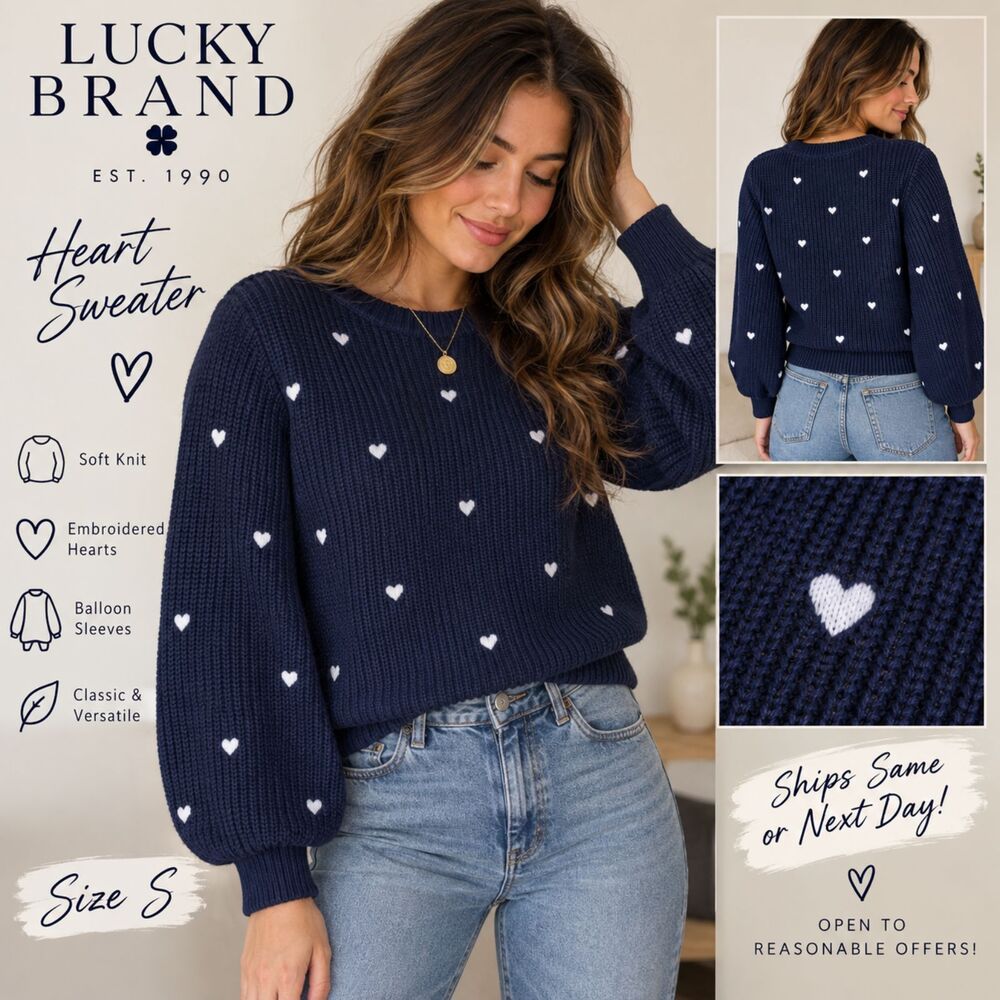 Lucky Brand Heart Sweater Women S Navy White Embroidered Balloon Sleeve Knit